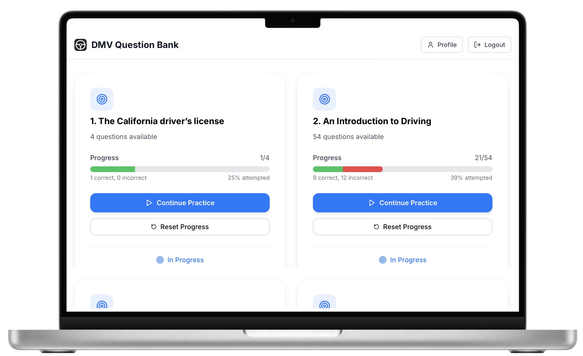 DMV Question Bank on laptop showing study by chapter interface