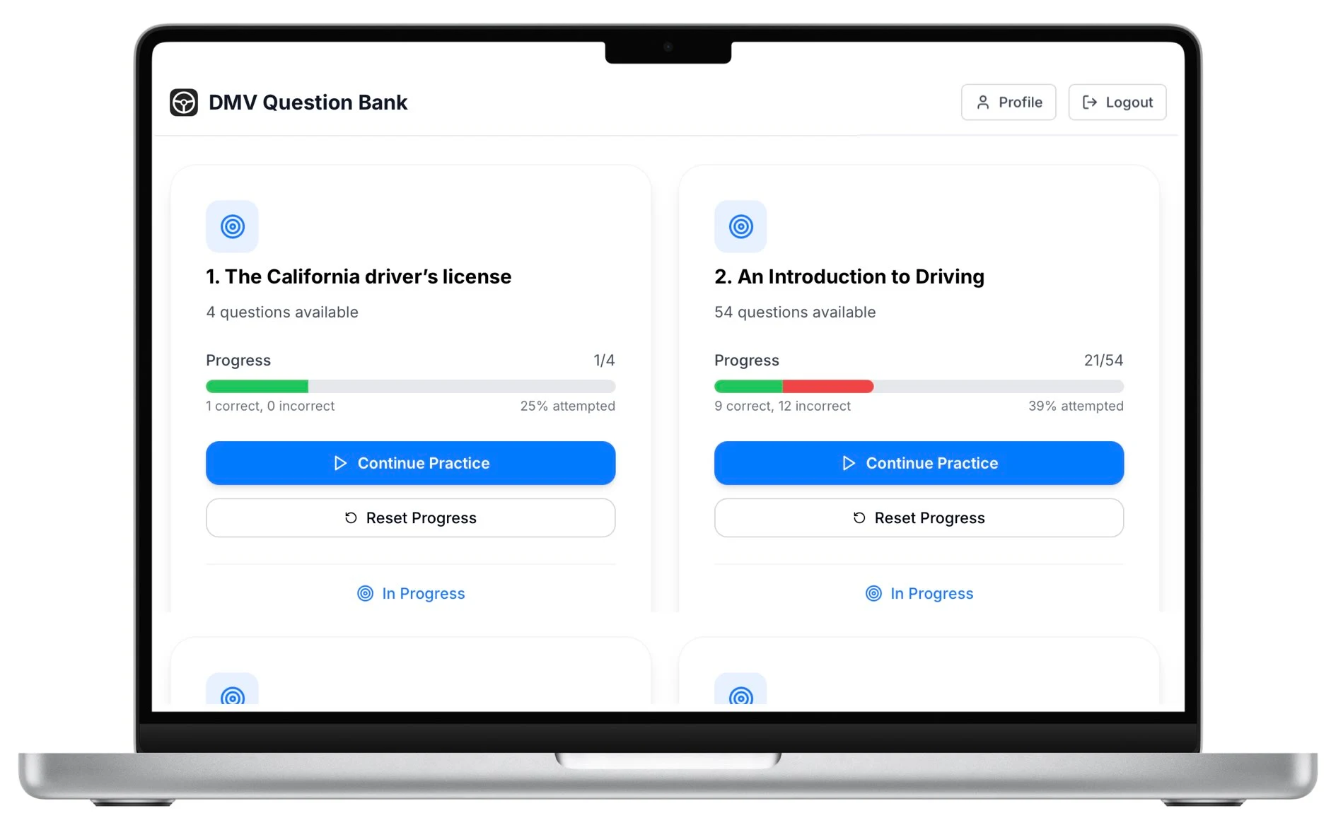 DMV Question Bank on laptop showing study by chapter interface