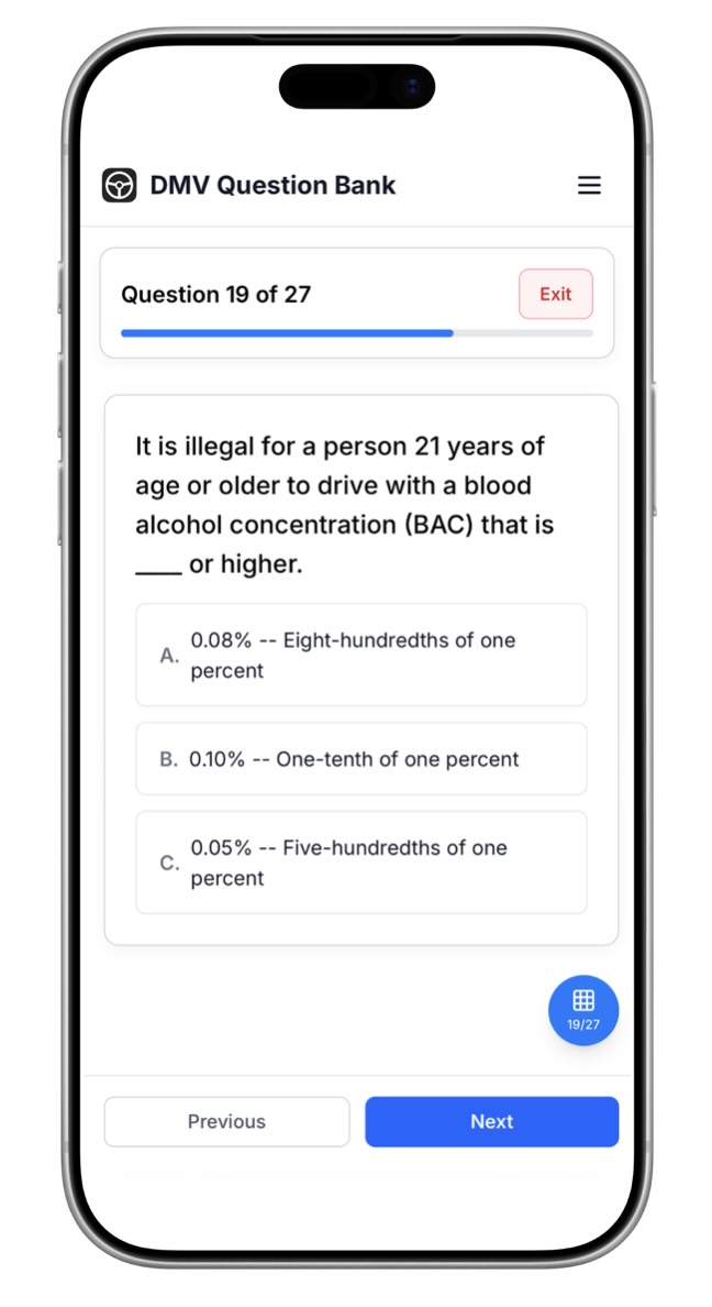 DMV Question Bank mobile app showing practice question interface