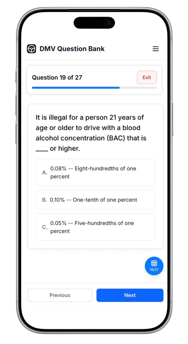 DMV Question Bank mobile app showing practice question interface